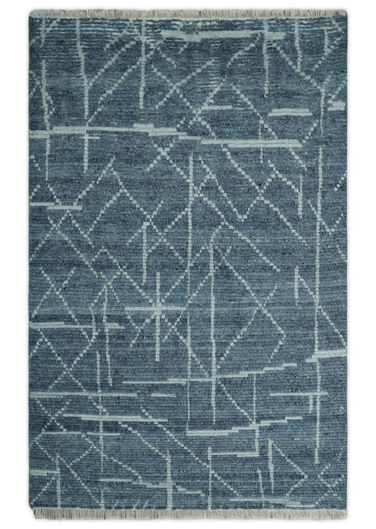 Hand Knotted Blue and Silver Trellis Moroccan Blended Wool Rug.