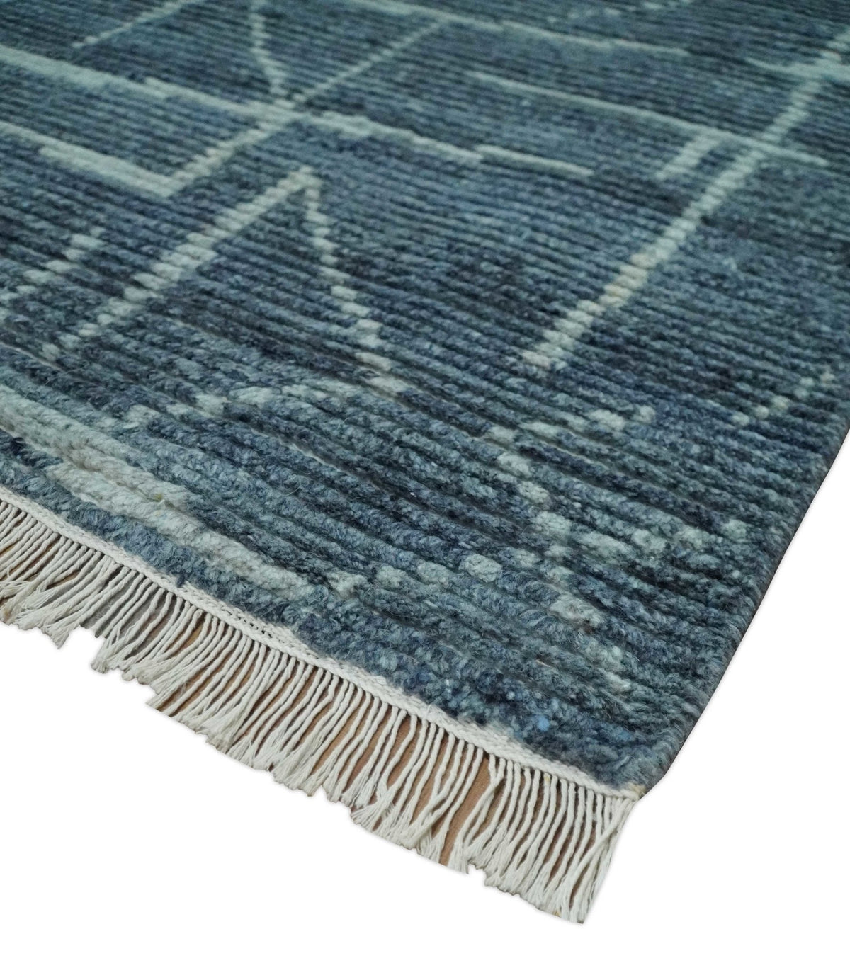 Hand Knotted Blue and Silver Trellis Moroccan Blended Wool Rug.