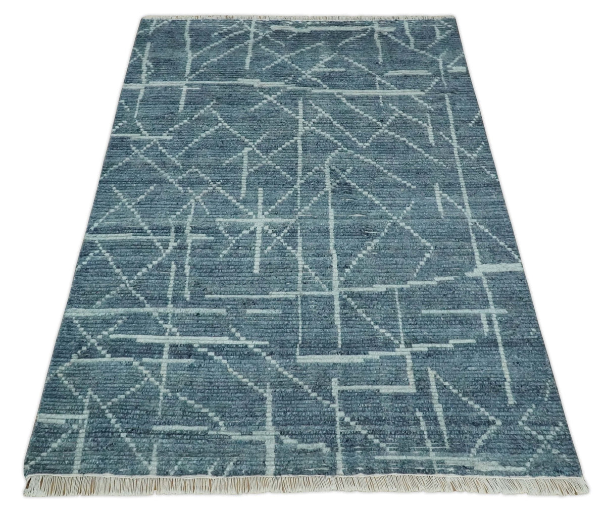 Hand Knotted Blue and Silver Trellis Moroccan Blended Wool Rug.