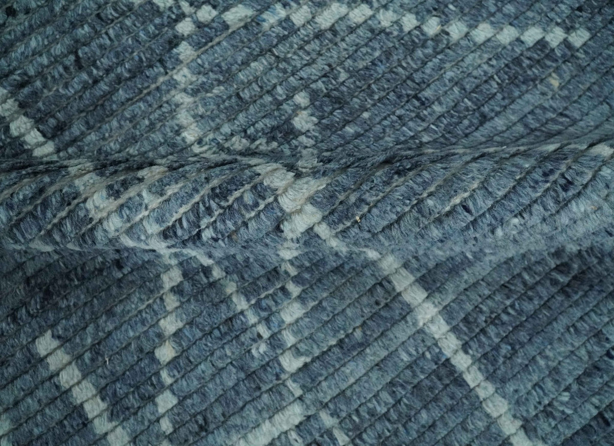 Hand Knotted Blue and Silver Trellis Moroccan Blended Wool Rug.