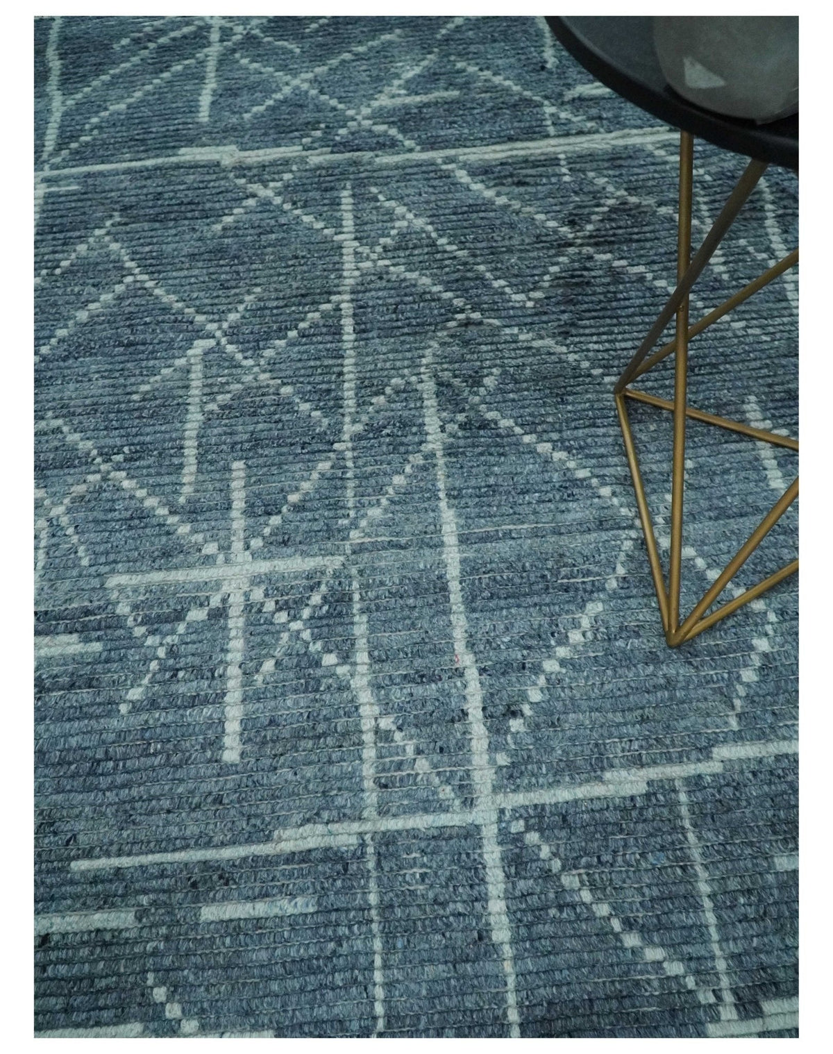 Hand Knotted Blue and Silver Trellis Moroccan Blended Wool Rug.