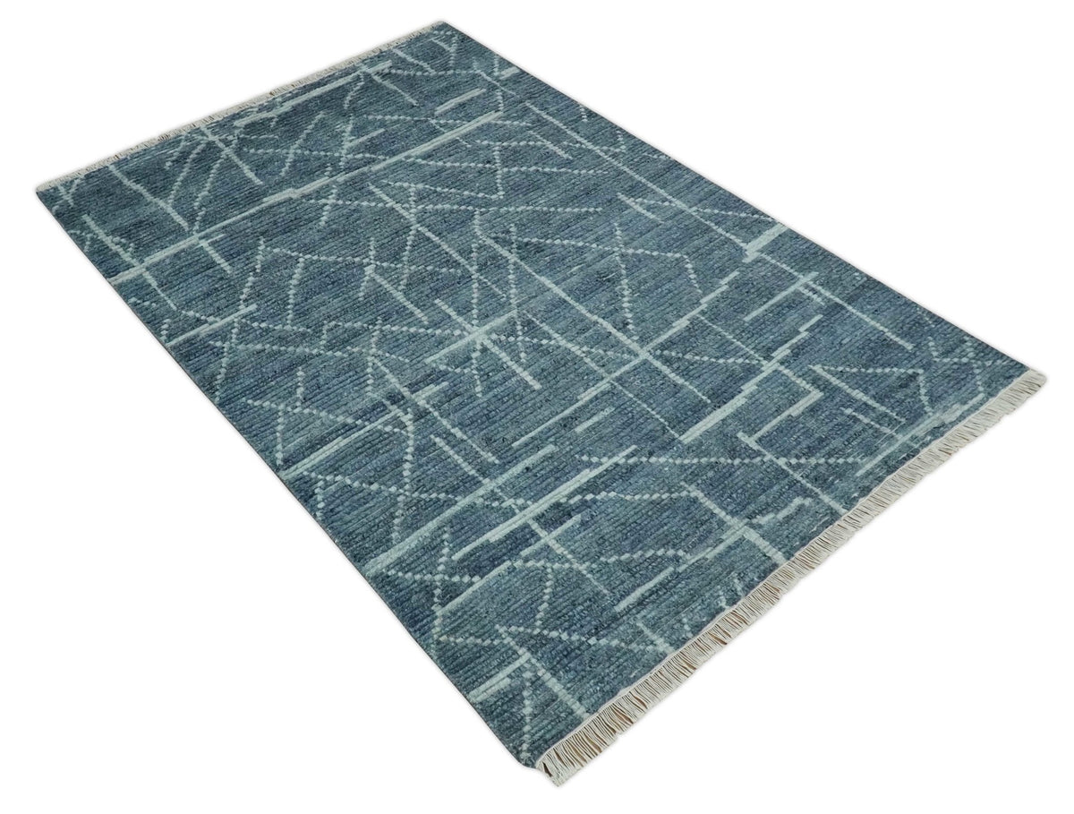 Hand Knotted Blue and Silver Trellis Moroccan Blended Wool Rug.