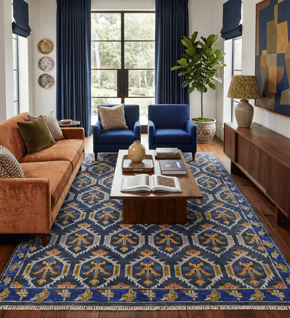 Hand Knotted Blue, Gold and Moss Green Vintage Style Custom Made wool Area Rug.