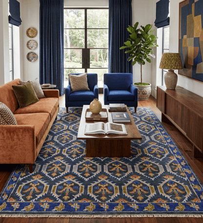 Hand Knotted Blue, Gold and Moss Green Vintage Style Custom Made wool Area Rug.