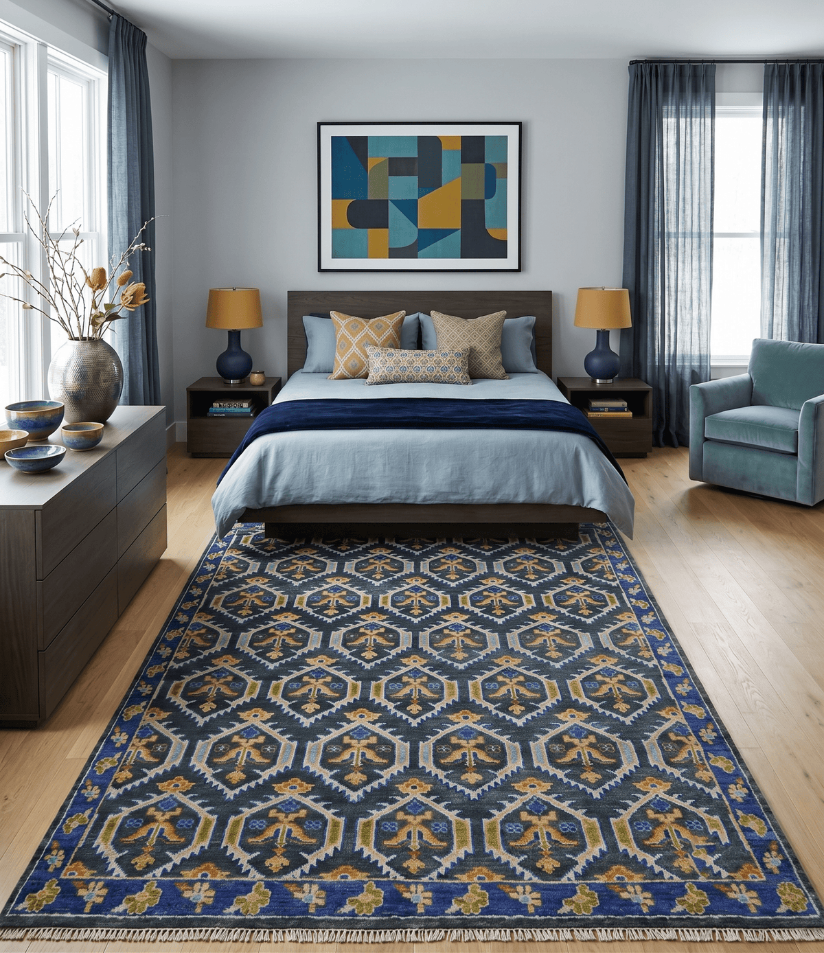 Hand Knotted Blue, Gold and Moss Green Vintage Style Custom Made wool Area Rug.
