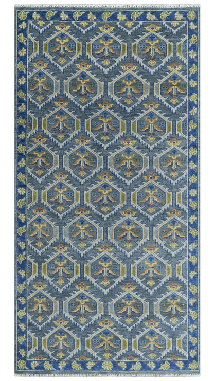 Hand Knotted Blue, Gold and Moss Green Vintage Style Custom Made wool Area Rug.