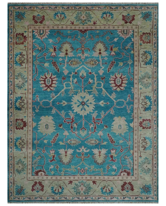 Hand Knotted Blue, Ivory and Maroon Oriental Oushak Multi Size Traditional Wool Area Rug.