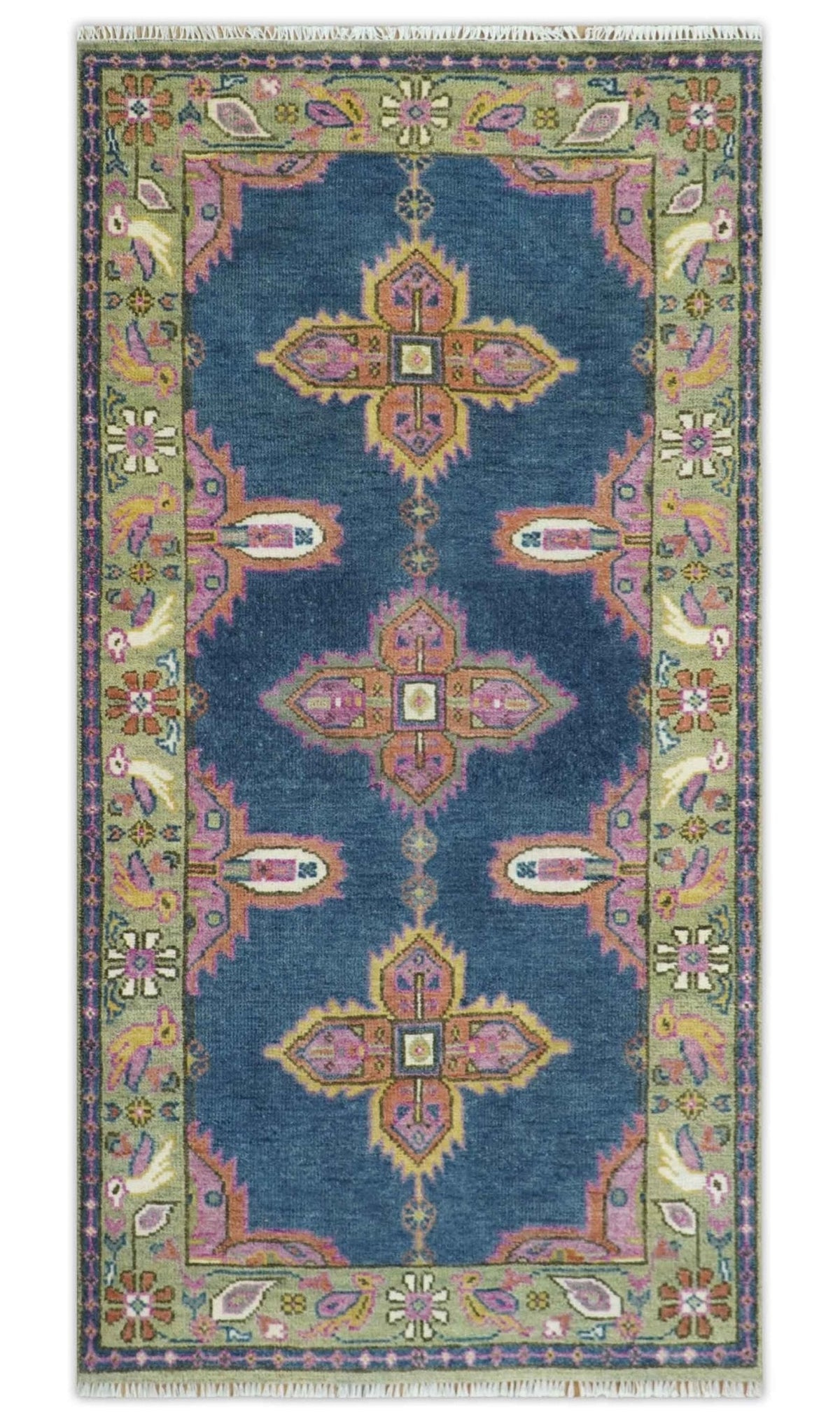 Hand Knotted Blue, Silver and Pink Traditional Heriz Serapi Wool Rug, Living Room and Bedroom Rug.