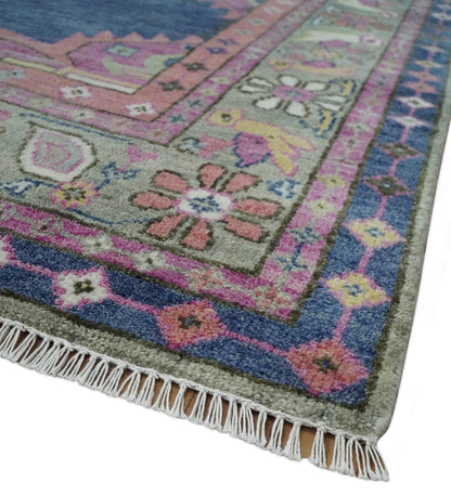 Hand Knotted Blue, Silver and Pink Traditional Heriz Serapi Wool Rug, Living Room and Bedroom Rug.