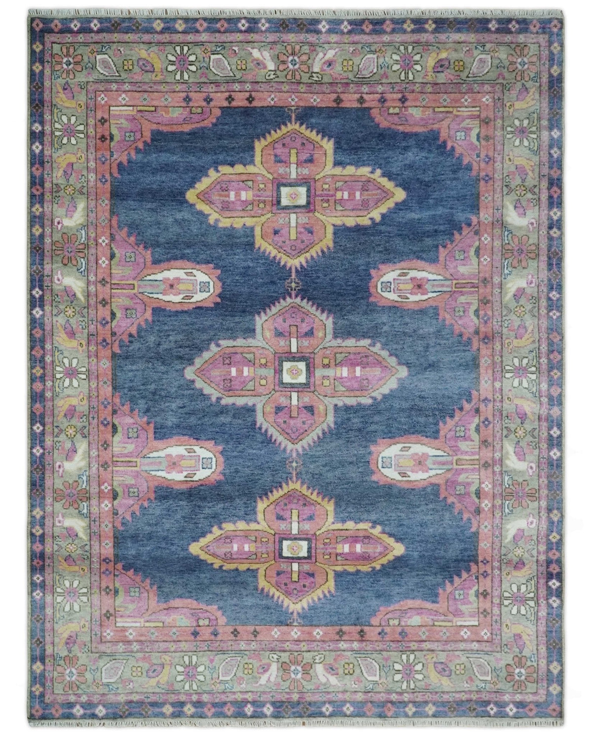 Hand Knotted Blue, Silver and Pink Traditional Heriz Serapi Wool Rug, Living Room and Bedroom Rug.