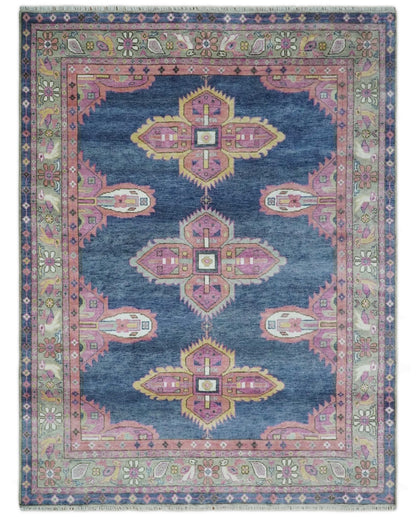 Hand Knotted Blue, Silver and Pink Traditional Heriz Serapi Wool Rug, Living Room and Bedroom Rug.