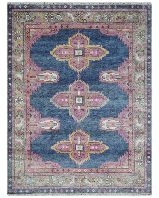 Hand Knotted Blue, Silver and Pink Traditional Heriz Serapi Wool Rug, Living Room and Bedroom Rug.