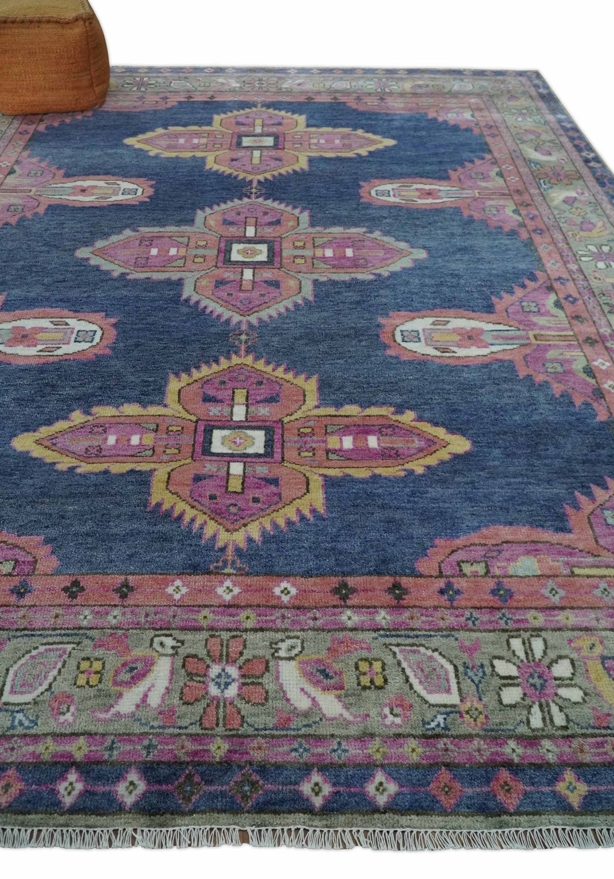 Hand Knotted Blue, Silver and Pink Traditional Heriz Serapi Wool Rug, Living Room and Bedroom Rug.