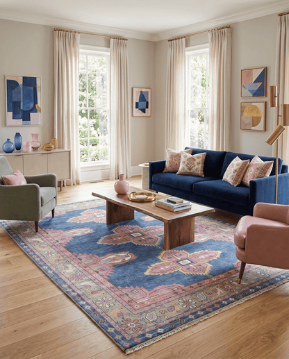 Hand Knotted Blue, Silver and Pink Traditional Heriz Serapi Wool Rug, Living Room and Bedroom Rug.