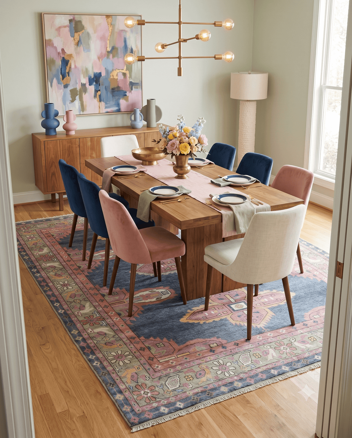 Hand Knotted Blue, Silver and Pink Traditional Heriz Serapi Wool Rug, Living Room and Bedroom Rug.