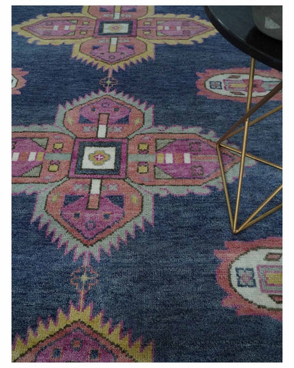 Hand Knotted Blue, Silver and Pink Traditional Heriz Serapi Wool Rug, Living Room and Bedroom Rug.