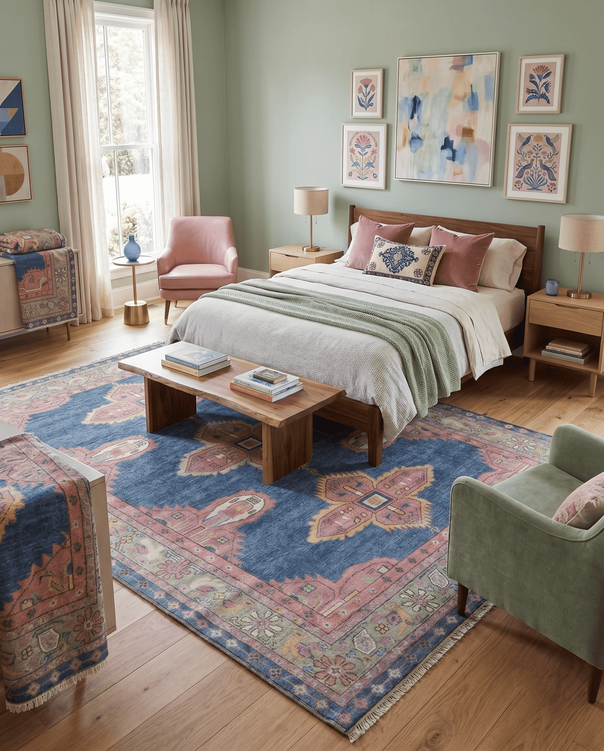 Hand Knotted Blue, Silver and Pink Traditional Heriz Serapi Wool Rug, Living Room and Bedroom Rug.