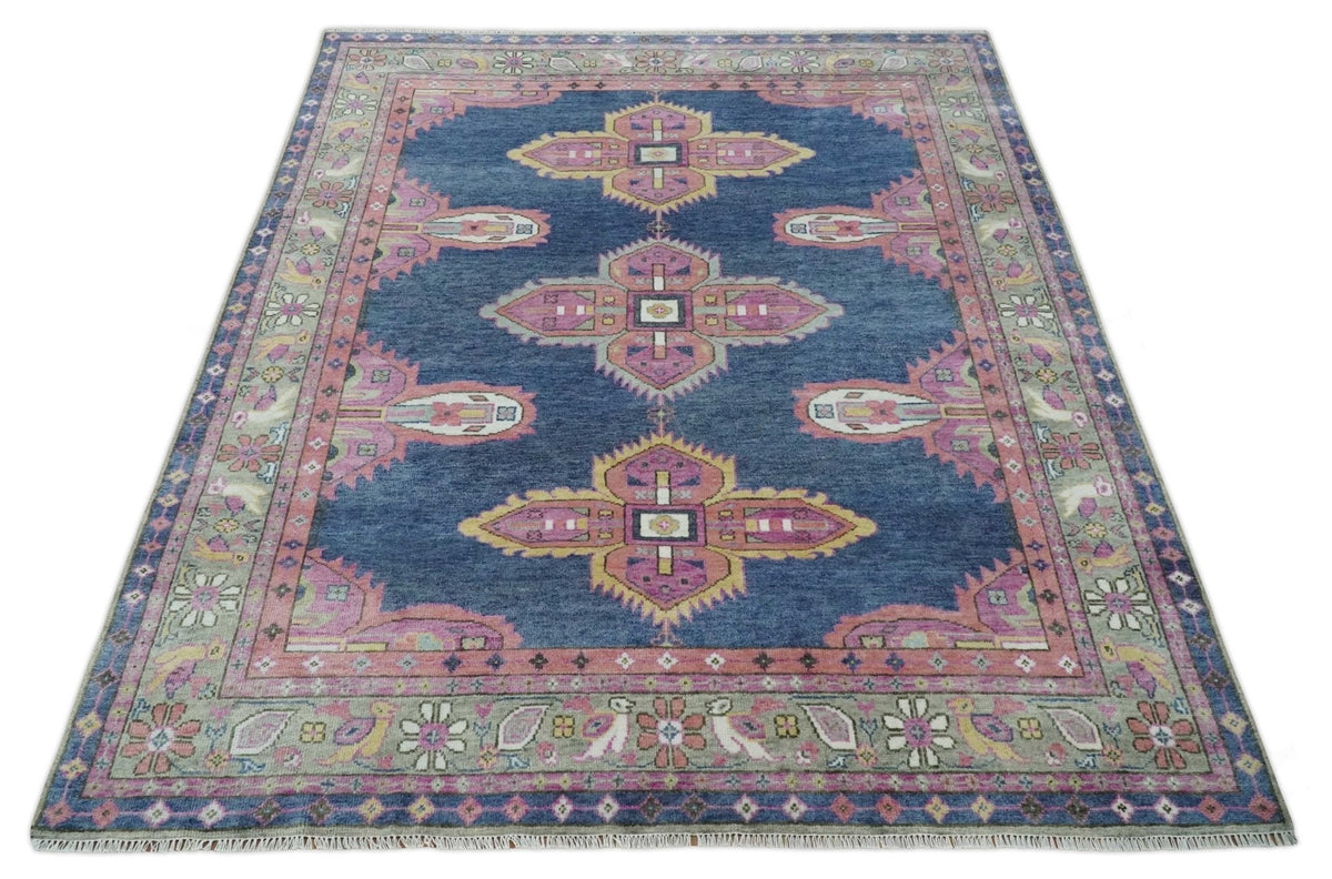 Hand Knotted Blue, Silver and Pink Traditional Heriz Serapi Wool Rug, Living Room and Bedroom Rug.