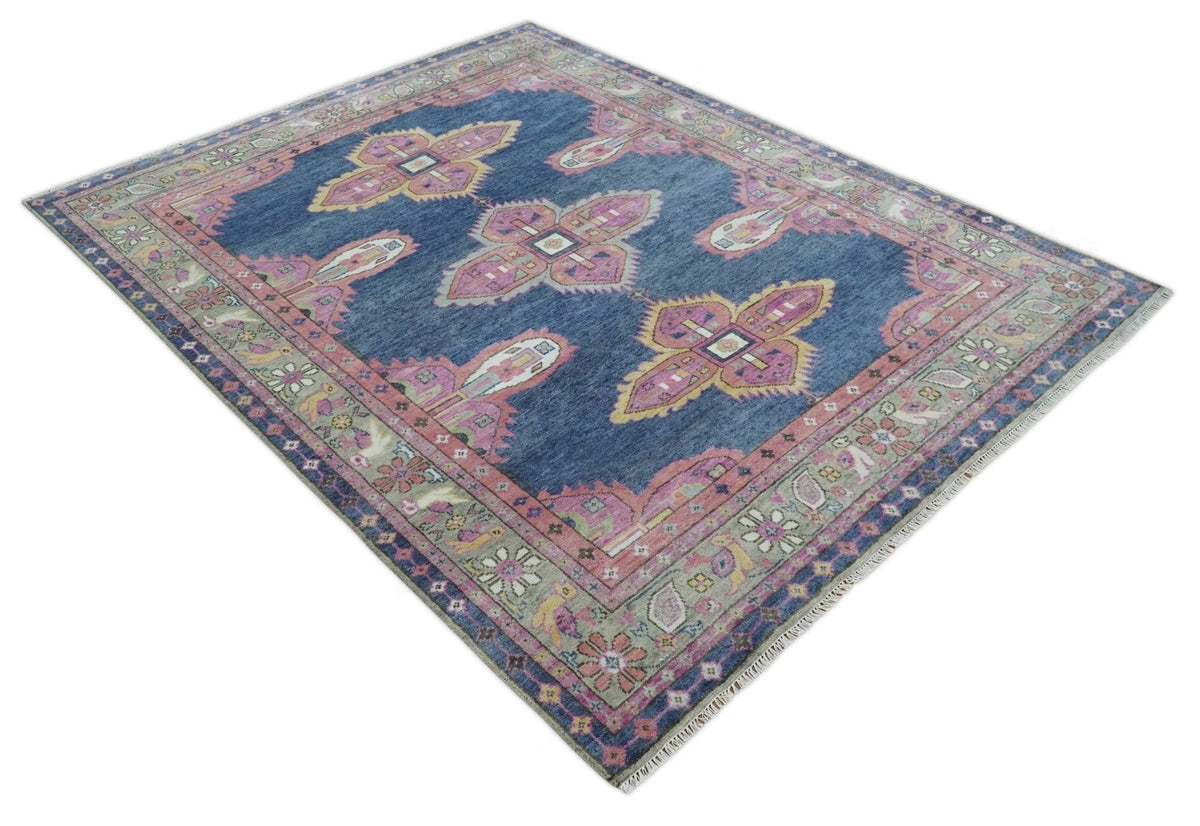 Hand Knotted Blue, Silver and Pink Traditional Heriz Serapi Wool Rug, Living Room and Bedroom Rug.