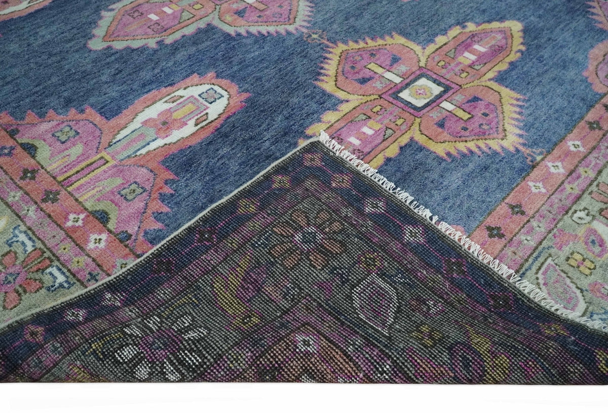 Hand Knotted Blue, Silver and Pink Traditional Heriz Serapi Wool Rug, Living Room and Bedroom Rug.