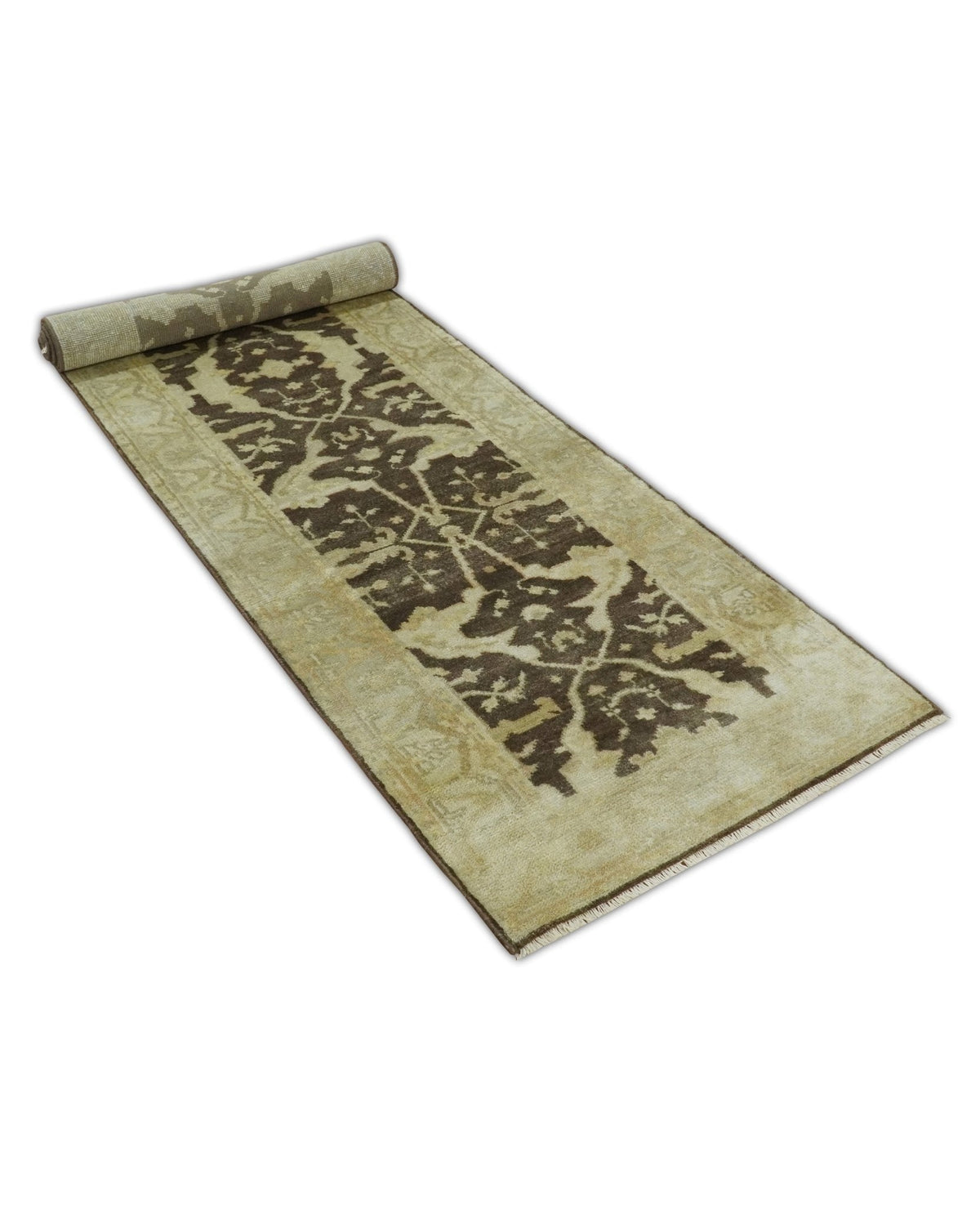 Traditional Oushak Brown and Beige Hand Knotted Wool Area Rug.