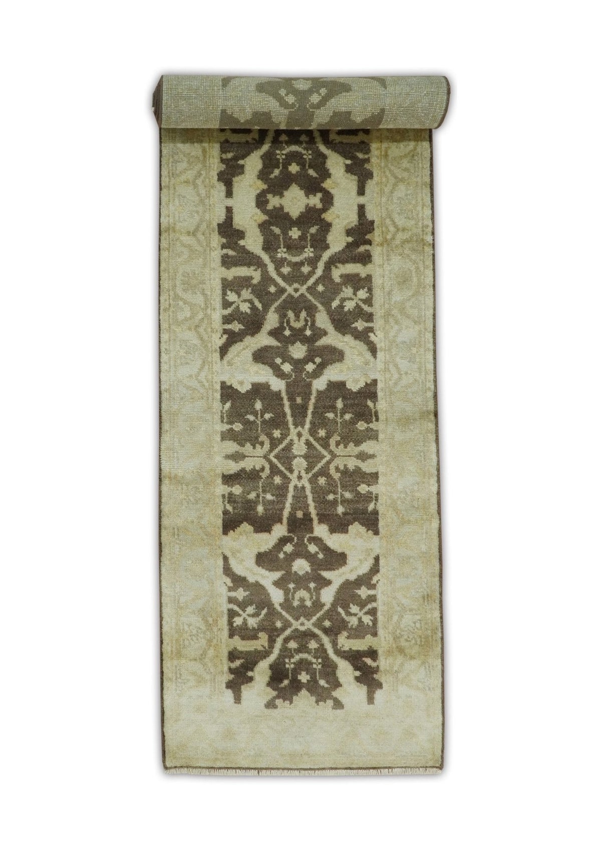 Traditional Oushak Brown and Beige Hand Knotted Wool Area Rug.