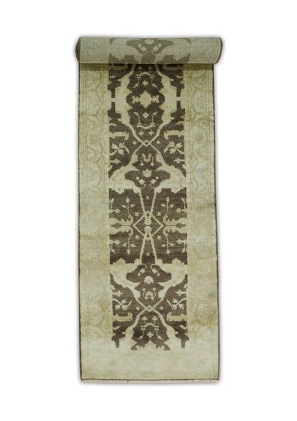 Traditional Oushak Brown and Beige Hand Knotted Wool Area Rug.