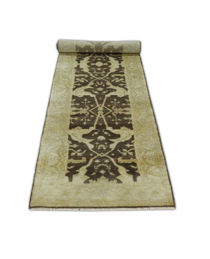 Traditional Oushak Brown and Beige Hand Knotted Wool Area Rug.