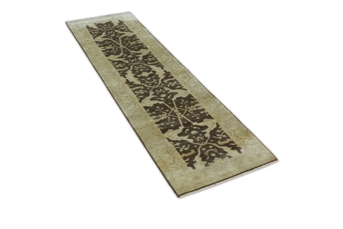 Traditional Oushak Brown and Beige Hand Knotted Wool Area Rug.