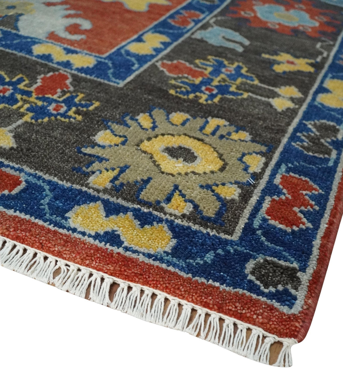 Hand Knotted Brown, Blue and Charcoal colorful Traditional Oushak Wool Area Rug.