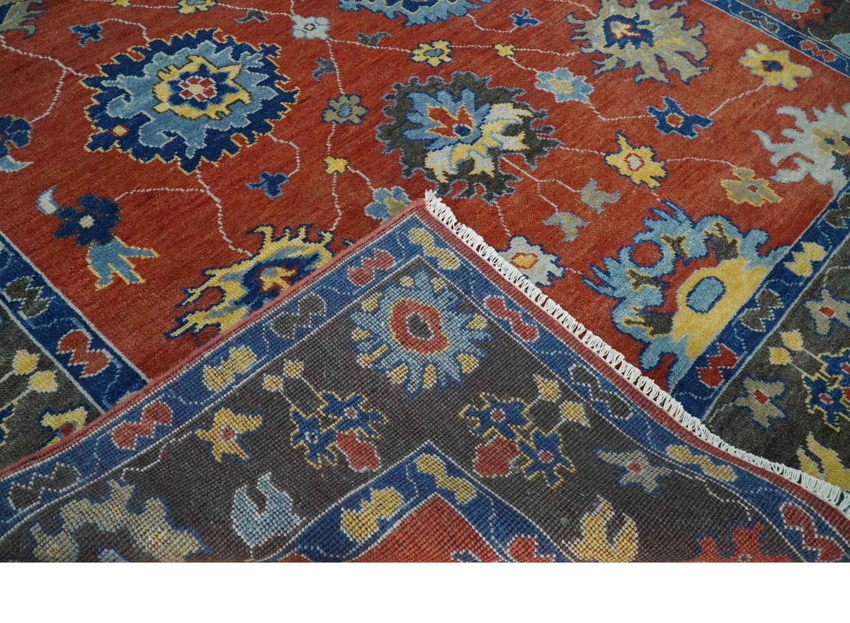 Hand Knotted Brown, Blue and Charcoal colorful Traditional Oushak Wool Area Rug.