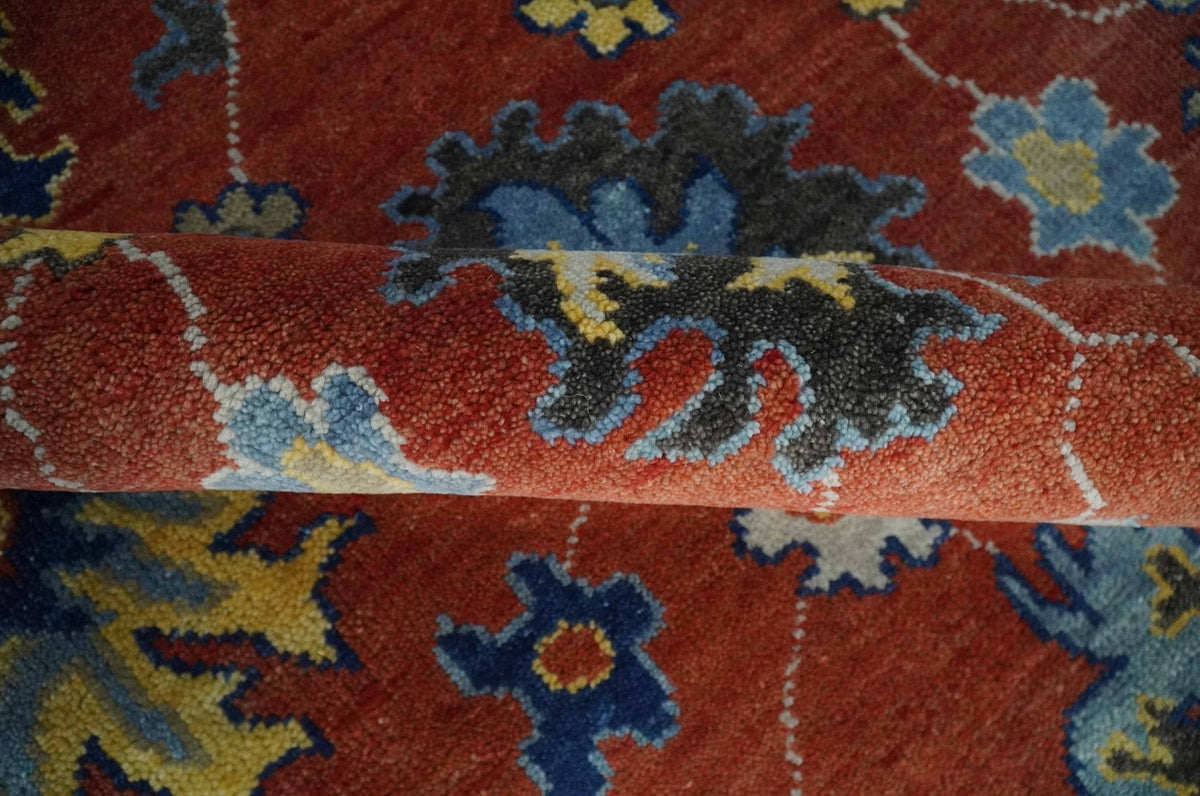 Hand Knotted Brown, Blue and Charcoal colorful Traditional Oushak Wool Area Rug.