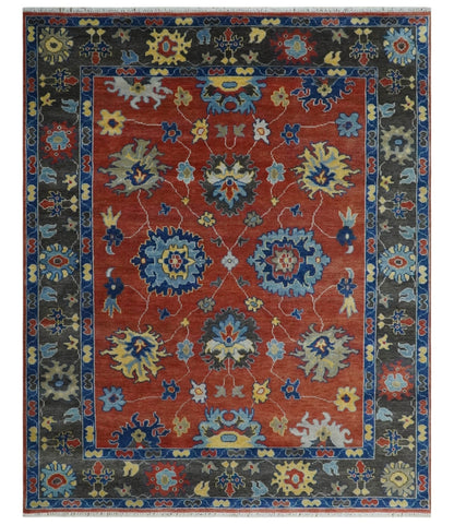 Hand Knotted Brown, Blue and Charcoal colorful Traditional Oushak Wool Area Rug.