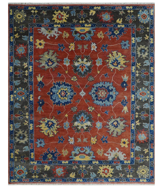 Hand Knotted Brown, Blue and Charcoal colorful Traditional Oushak Wool Area Rug.