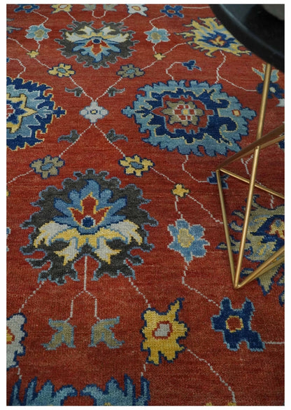 Hand Knotted Brown, Blue and Charcoal colorful Traditional Oushak Wool Area Rug.