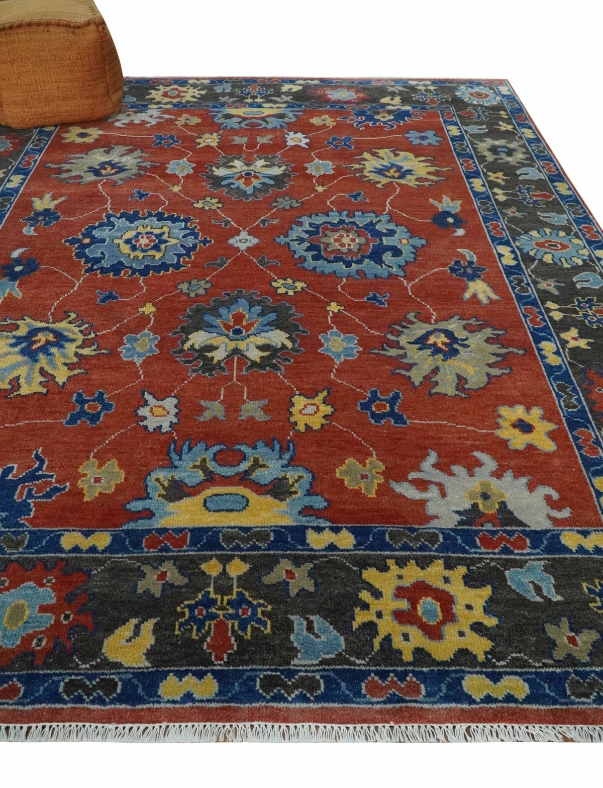 Hand Knotted Brown, Blue and Charcoal colorful Traditional Oushak Wool Area Rug.