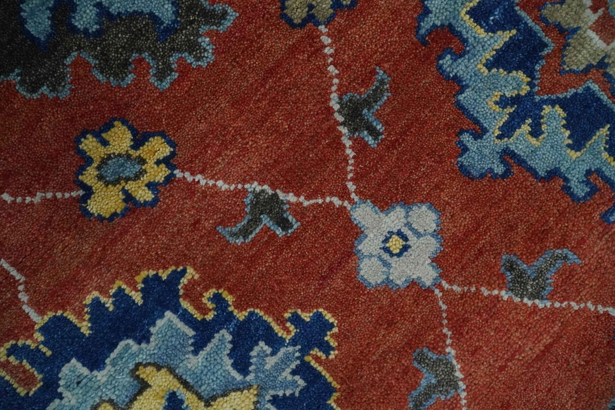 Hand Knotted Brown, Blue and Charcoal colorful Traditional Oushak Wool Area Rug.