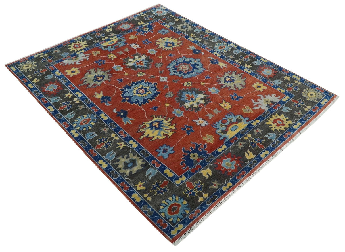 Hand Knotted Brown, Blue and Charcoal colorful Traditional Oushak Wool Area Rug.