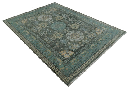 Hand Knotted Charcoal, and Aqua Oriental Khotan Multi Size Traditional Wool Area Rug.