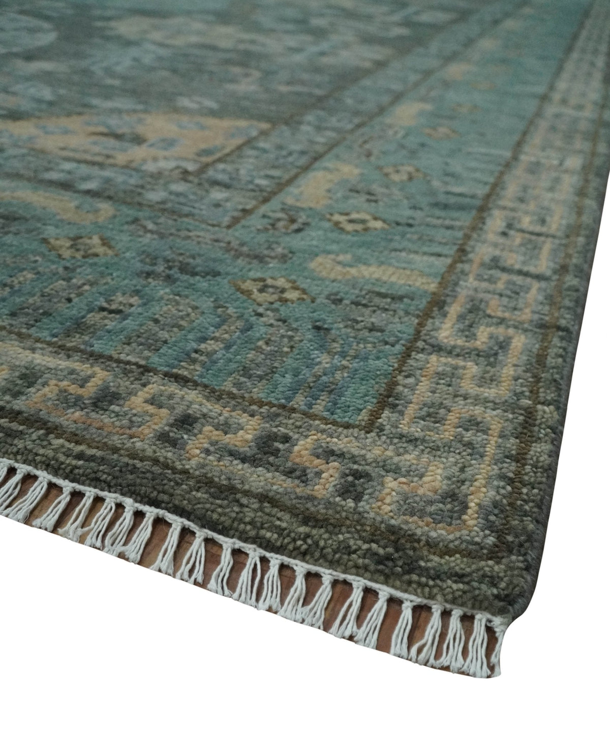 Hand Knotted Charcoal, and Aqua Oriental Khotan Multi Size Traditional Wool Area Rug.