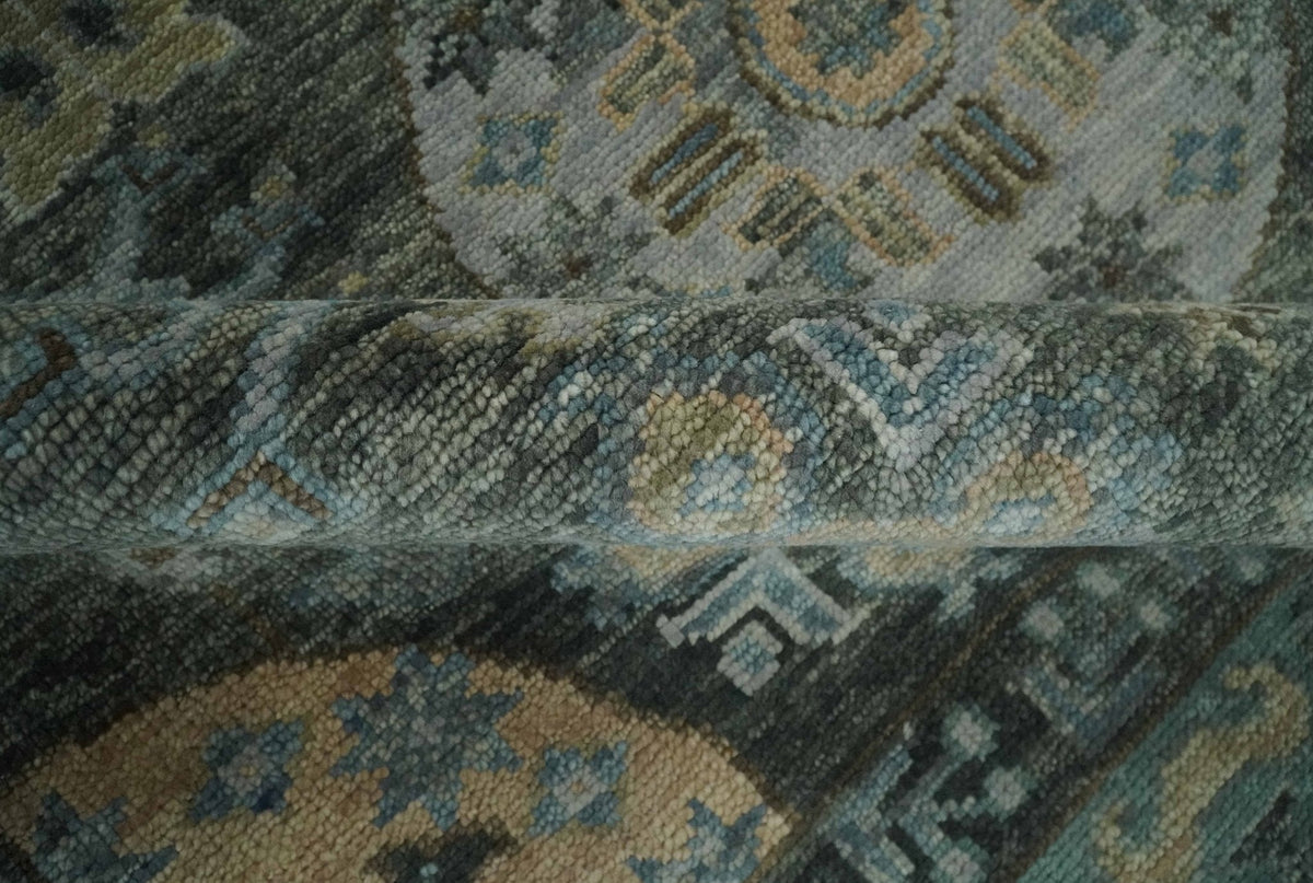 Hand Knotted Charcoal, and Aqua Oriental Khotan Multi Size Traditional Wool Area Rug.