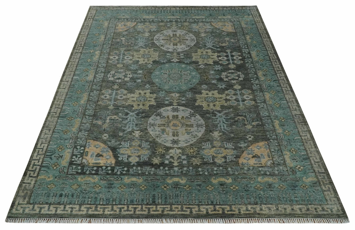 Hand Knotted Charcoal, and Aqua Oriental Khotan Multi Size Traditional Wool Area Rug.