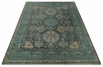 Hand Knotted Charcoal, and Aqua Oriental Khotan Multi Size Traditional Wool Area Rug.