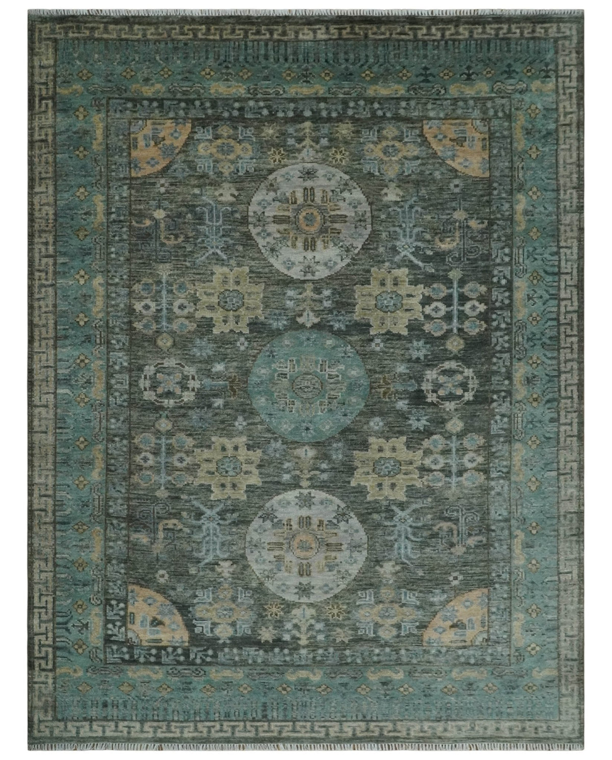 Hand Knotted Charcoal, and Aqua Oriental Khotan Multi Size Traditional Wool Area Rug.
