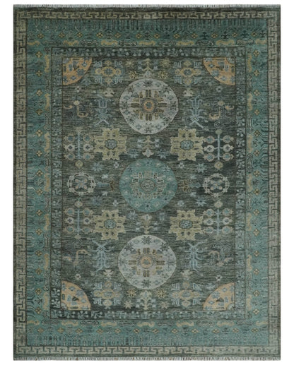 Hand Knotted Charcoal, and Aqua Oriental Khotan Multi Size Traditional Wool Area Rug.