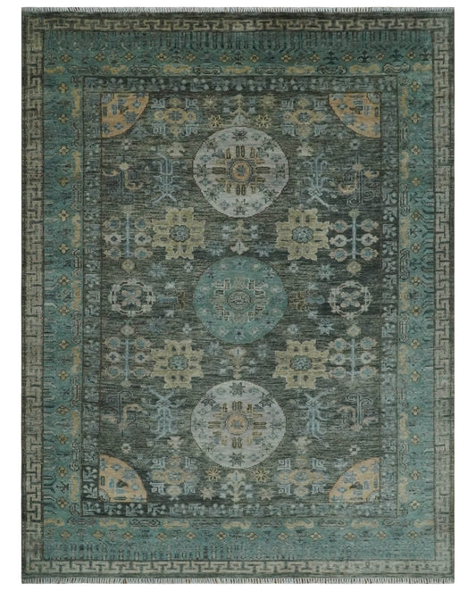 Hand Knotted Charcoal, and Aqua Oriental Khotan Multi Size Traditional Wool Area Rug.
