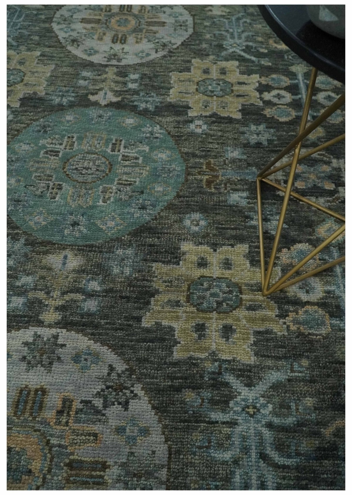 Hand Knotted Charcoal, and Aqua Oriental Khotan Multi Size Traditional Wool Area Rug.