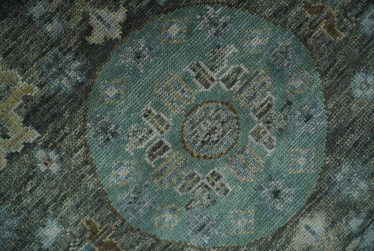Hand Knotted Charcoal, and Aqua Oriental Khotan Multi Size Traditional Wool Area Rug.