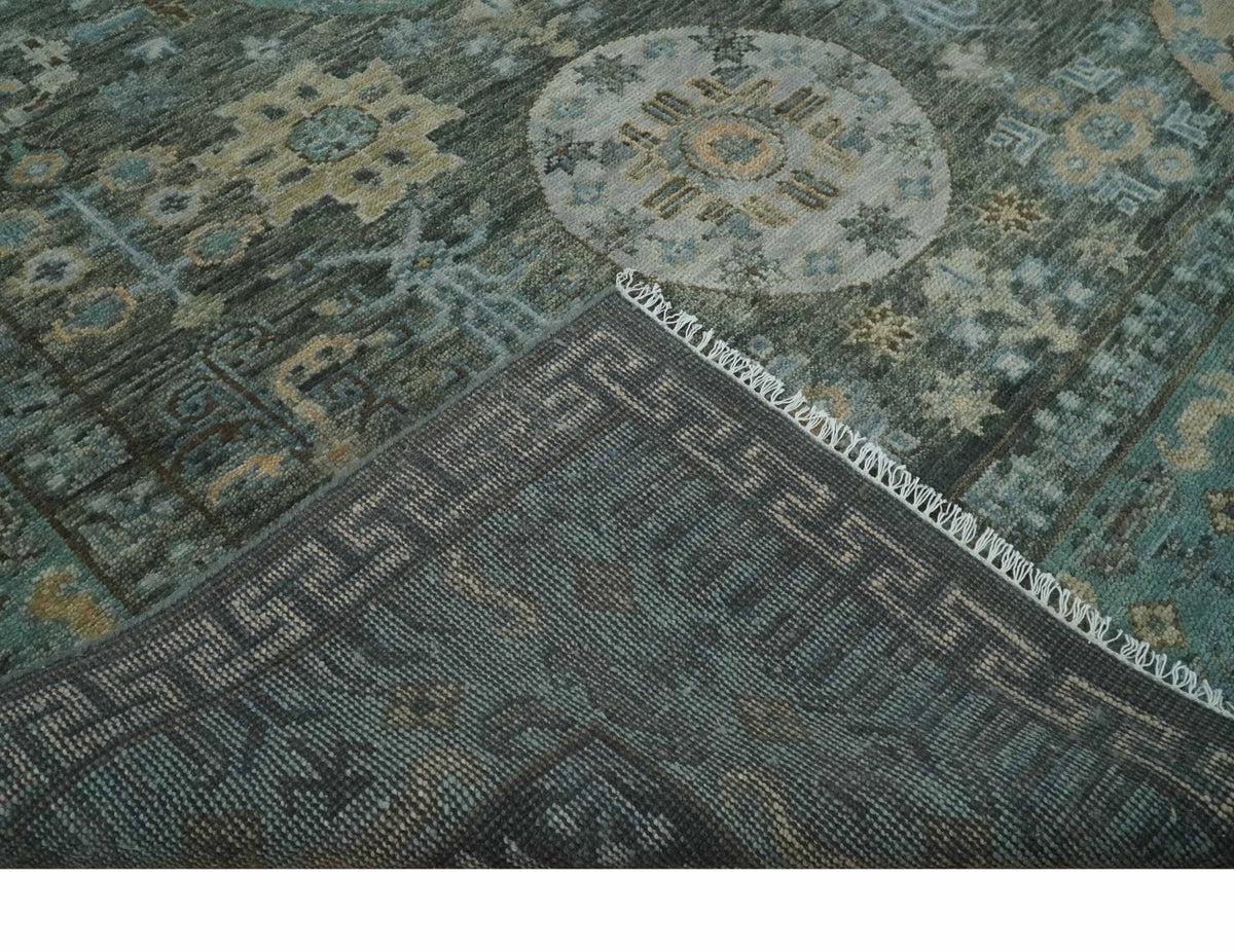 Hand Knotted Charcoal, and Aqua Oriental Khotan Multi Size Traditional Wool Area Rug.