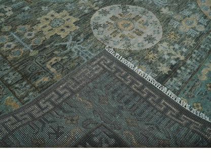 Hand Knotted Charcoal, and Aqua Oriental Khotan Multi Size Traditional Wool Area Rug.